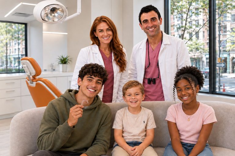 Dr. Karin Grinbaum and Dr. Liel Grinbaum with smiling kids and teens at Smiles + Grins, Upper East Side, NYC